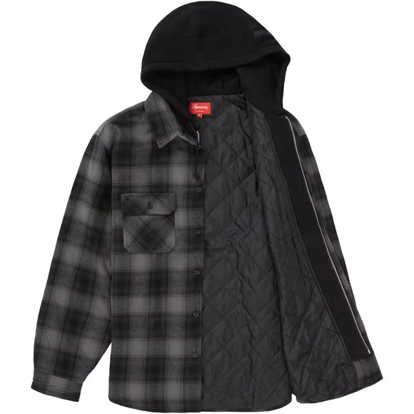 Supreme Hooded Flannel Zip Up Shirt Black and Gray Plaid with Hoodie - Picture 2 of 5